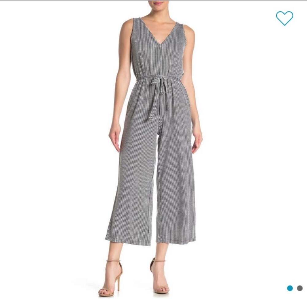 Max Studio Black and White Striped Sleeveless V-Neck Cropped Belted Jumpsuit Siz